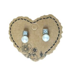 4mm Freshwater Pearls Princess Cut CZ Stud Earrings Sterling Silver 925 SU